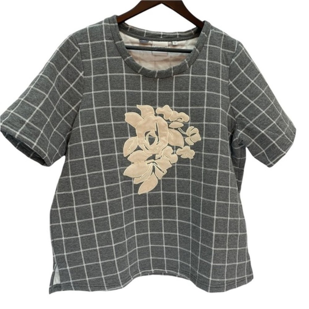 𝅺JUNAROSE🖤Grey Oversized Windowpane Short Sleeve Sweatshirt Top Size M